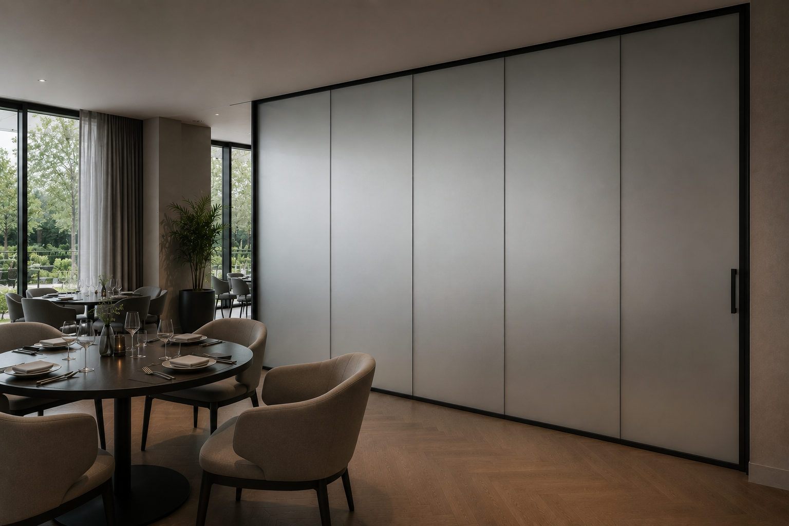 Restaurant met een grote glazen scheidingswand in matte stand naast gedekte tafels