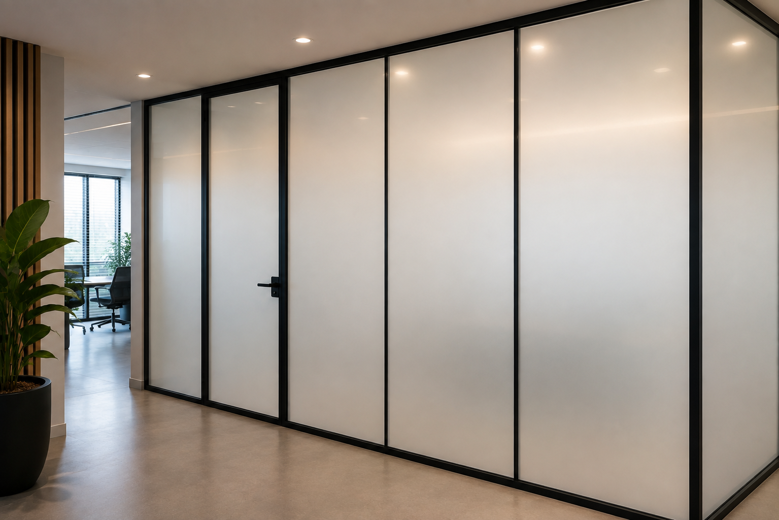 Moderne glazen scheidingswand met matte smartfolie in een kantoorruimte