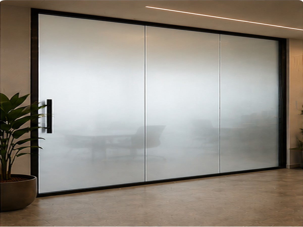 Glazen scheidingswand met smartfolie in de matte stand in een kantooromgeving