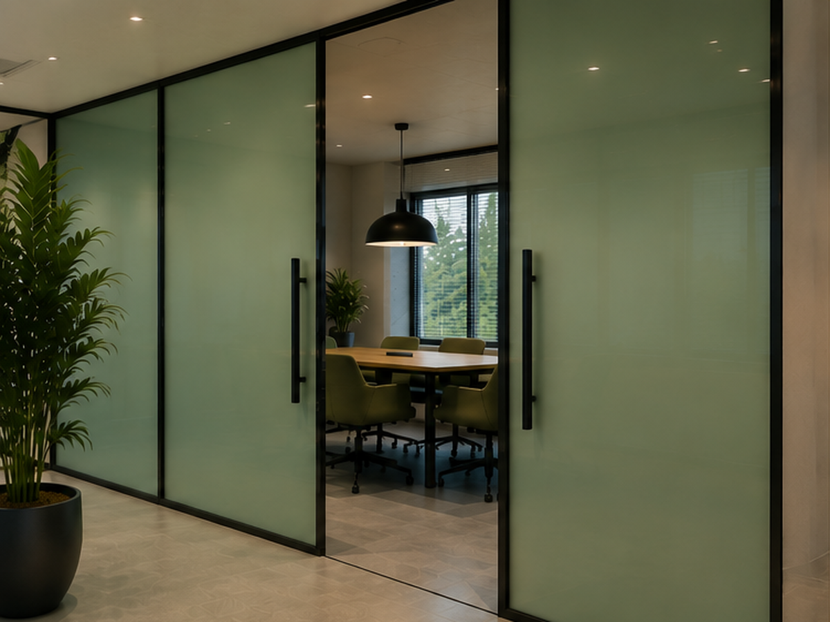 Glazen wand met warm getinte smartfolie voor een vergaderruimte