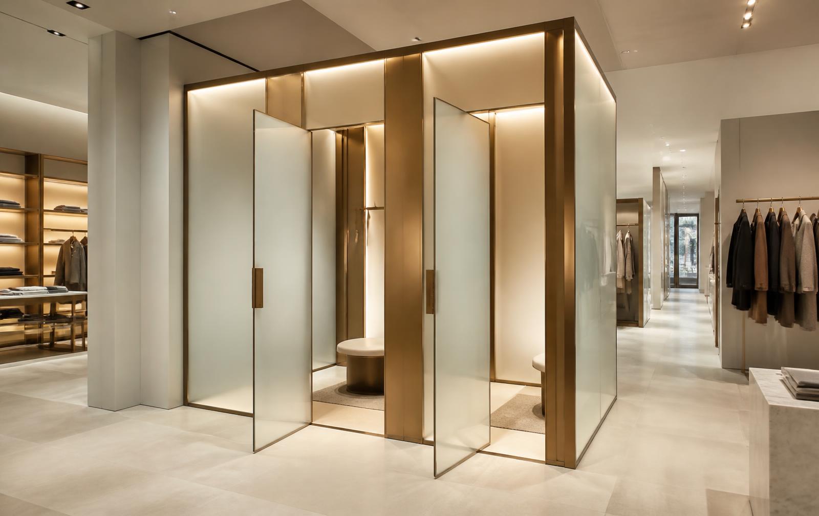 Winkelinterieur met matte glazen paskamers