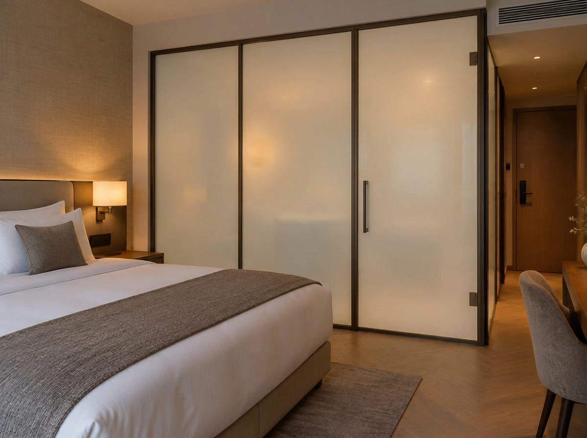 Hospitality-interieur met een matte glazen scheidingswand