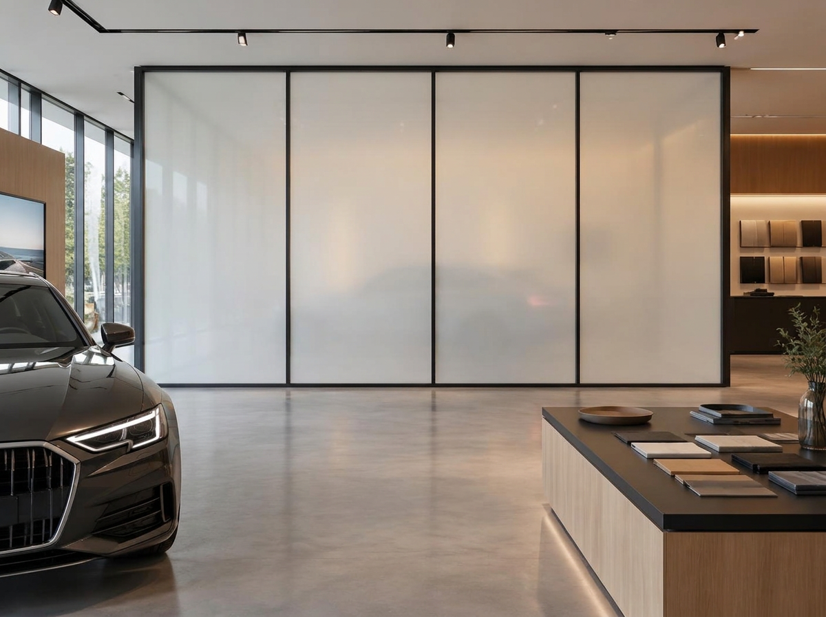 Moderne showroom met smartfolie op een glazen presentatieruimte