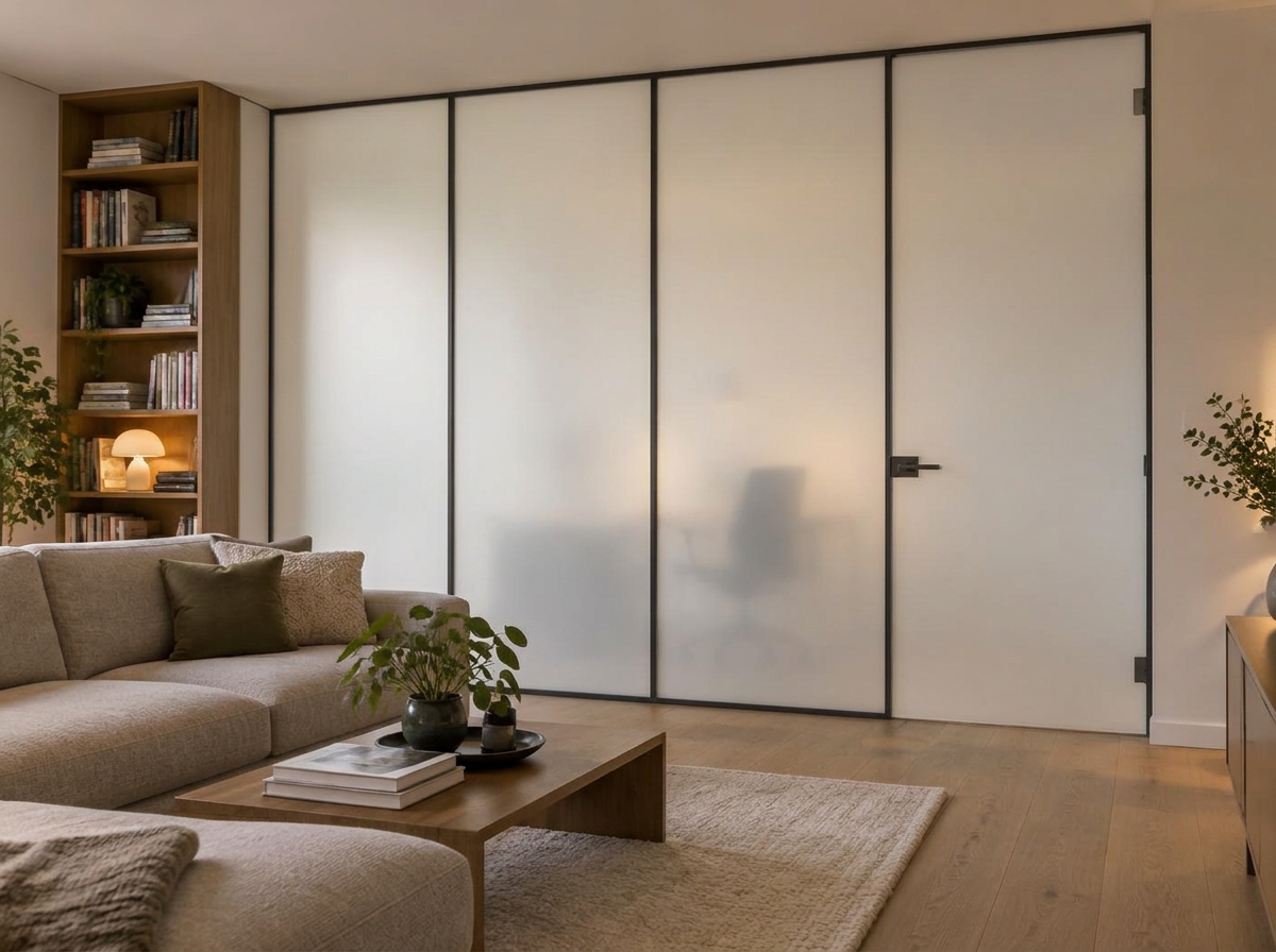 Woning met een glazen scheidingswand voorzien van smartfolie