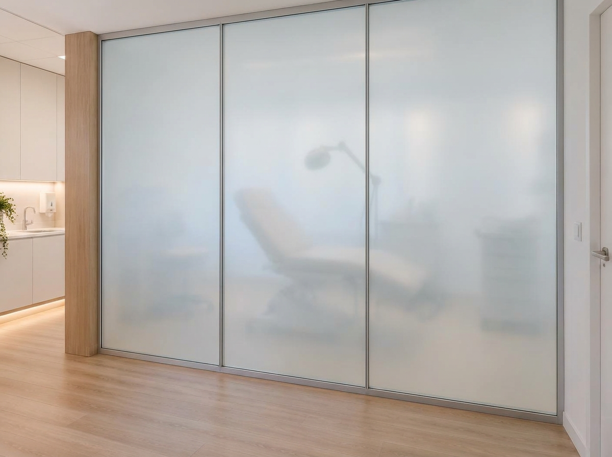 Lichte behandelruimte achter een glazen wand met smartfolie
